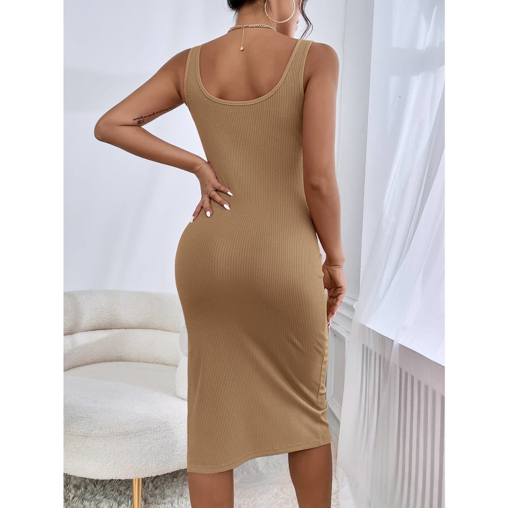 Square neck Ribbed Knit Split Thigh Tank midi Dress hot pink - Picture 10 of 15